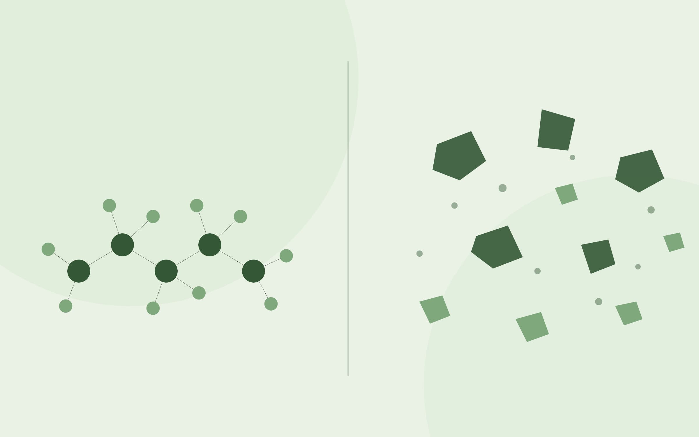 An illustration contrasting a repeating PFAS molecular chain on the left with scattered, irregular microplastic fragments on the right.