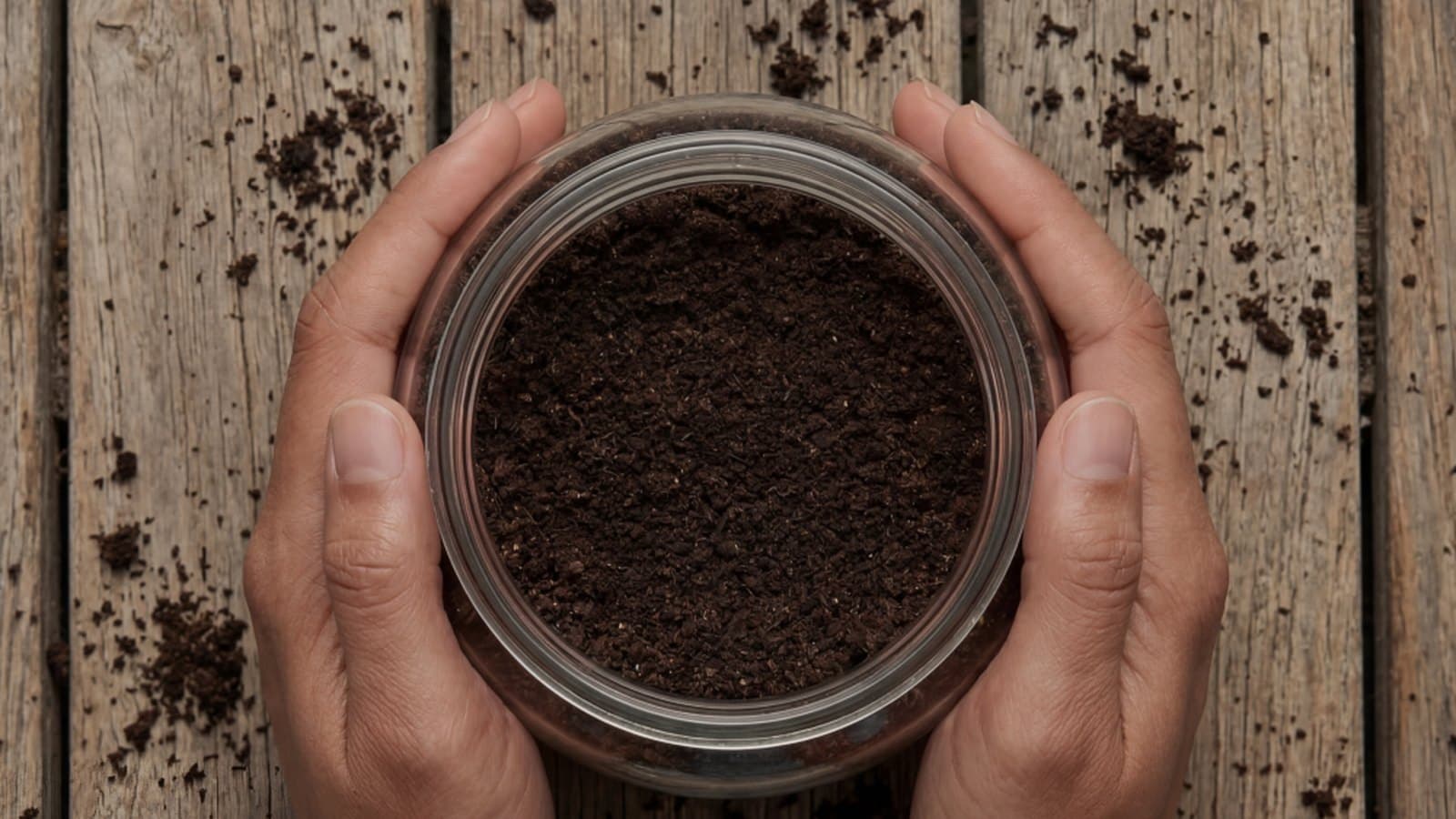 Two hands holding a jar of soil over a weathered wooden table